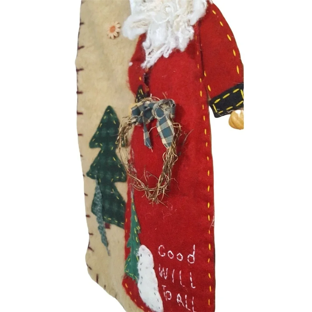 Vintage Santa Pillow Cover 3D Applique Burlap Felt Good Will to All 16 X 16